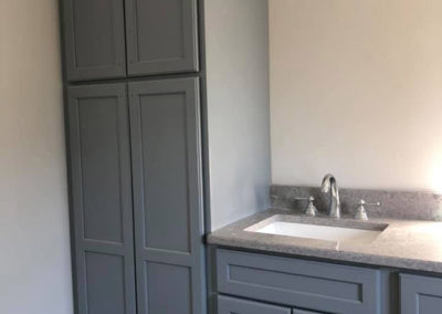 picture of simple gray cabinets and sink with a gray granite countertop